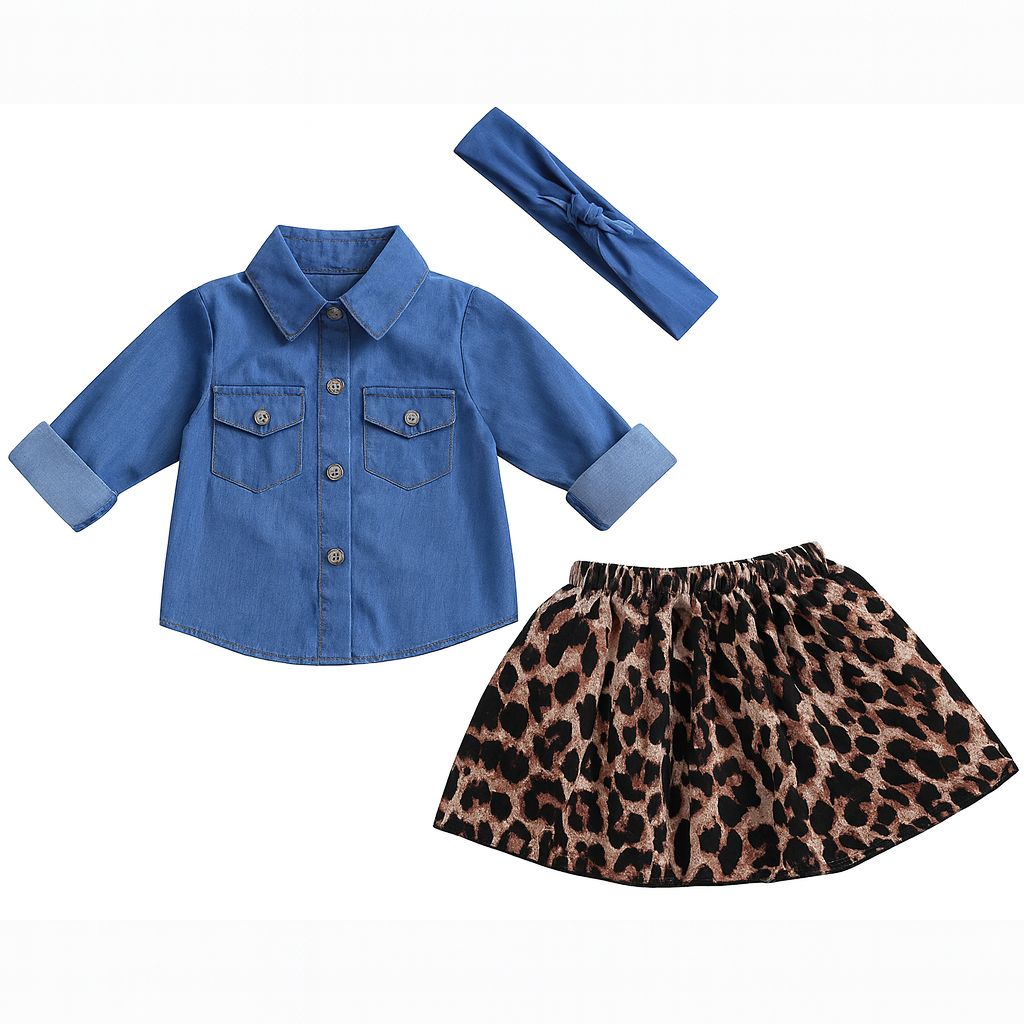 Sweet Toddler Girl Denim Shirt, Leopard Skirt & Headband