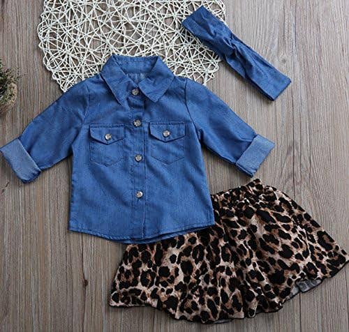 Sweet Toddler Girl Denim Shirt, Leopard Skirt & Headband